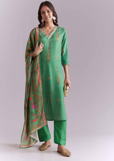 Green Silk Kurta Set With Indie Print And Gota Work