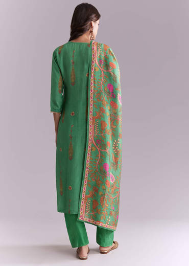 Green Silk Kurta Set With Indie Print And Gota Work