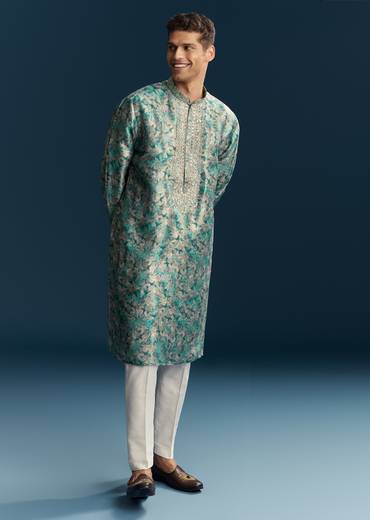 Green Silk Kurta Set With Thread And Mirror Work
