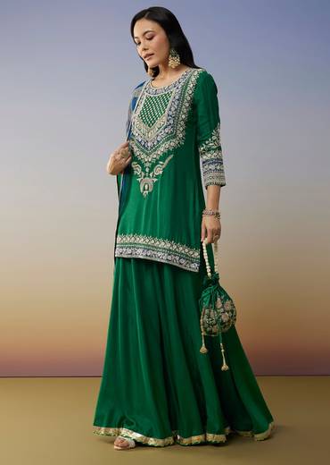 Green Silk Palazzo Suits with Moti Zardosi Work