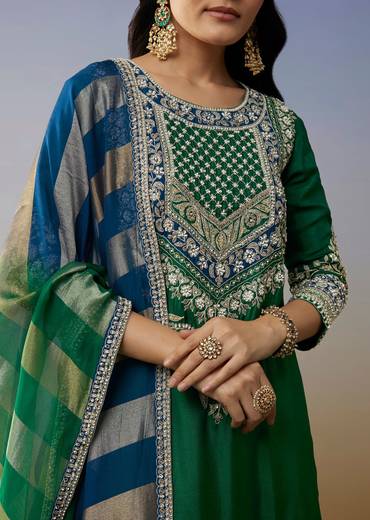 Green Silk Palazzo Suits with Moti Zardosi Work
