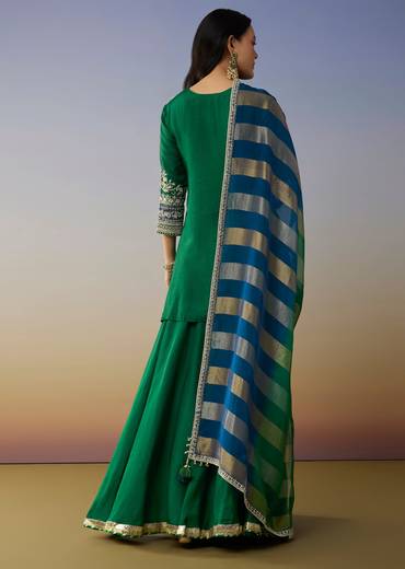 Green Silk Palazzo Suits with Moti Zardosi Work