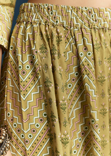 Green Silk Printed Anarkali Suit With Resham Work