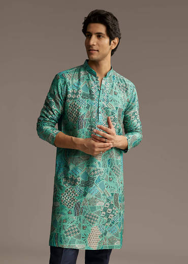 Green Silk Printed Kurta Set For Men With Mirror Work