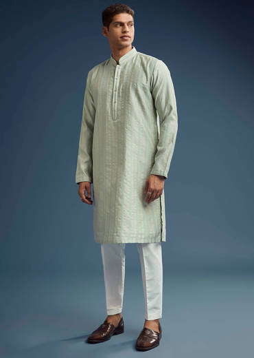 Green Textured Jacquard Kurta Set For Men