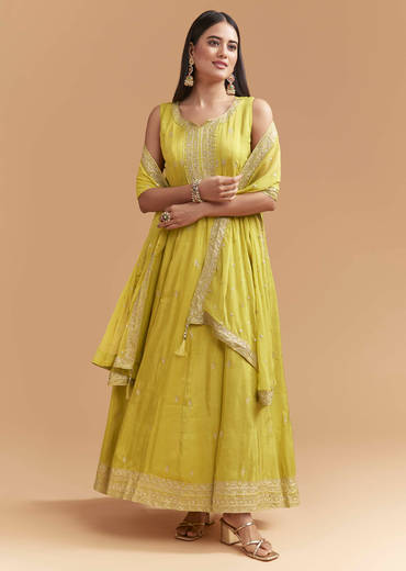 Green Tissue Anarkali Suit With Intricate Zari Work