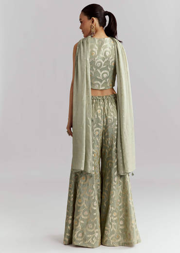 Green Tissue Crop Top And Palazzo Pant Set With Embroidery