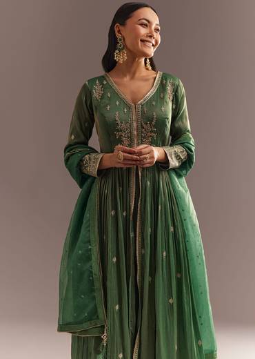 Green Tissue Embroidered Anarkali Pant With Organza Dupatta