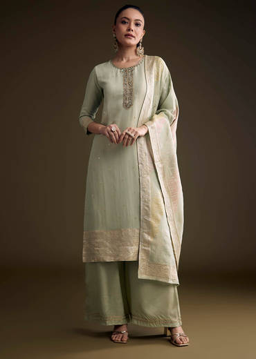 Green Tissue Kurta Set With Cutdana And Sequins Embroidery