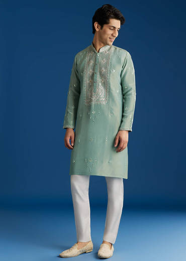Green Tissue Kurta Set With Cutdana Yoke
