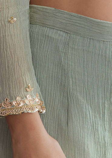 Green Tissue Palazzo Suit With Embroidery And Contrast Dupatta