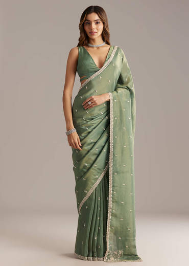 Green Tissue Saree With Bead And Cutdana Embroidery