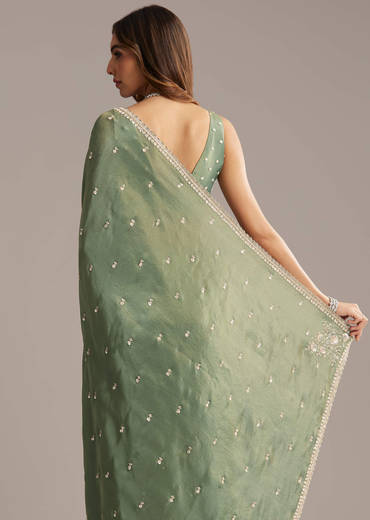 Green Tissue Saree With Bead And Cutdana Embroidery