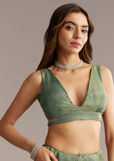 Green Tissue Saree With Bead And Cutdana Embroidery