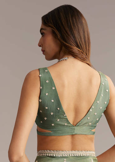 Green Tissue Saree With Bead And Cutdana Embroidery