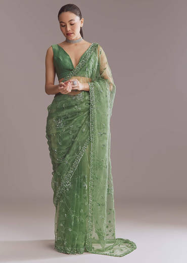 Green Tissue Saree With Jaal And Sequin Embroidery