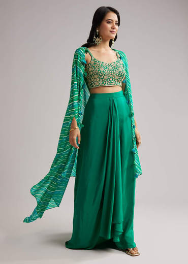 Green Zardosi Cape Set With Crop Top And Skirt