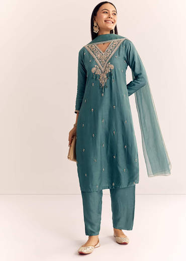 Green Zardosi Work Dola Silk Kurta Set With Dupatta