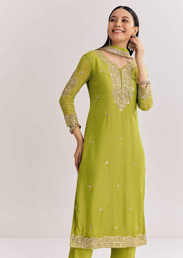 Green Zari Work Kurta Set With Chiffon Dupatta