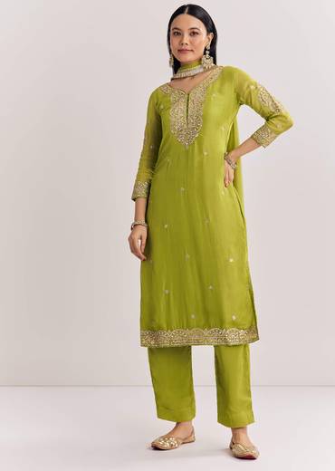Green Zari Work Kurta Set With Chiffon Dupatta