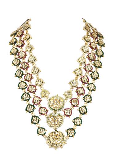 Green And Red Layered Kundan Necklace Set In Mix Metal