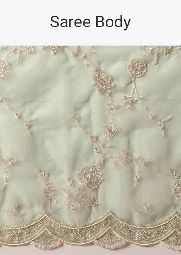 Green Chikankari Saree In Organza Silk With Sequin Scallop Border And Unstitched Blouse Fabric