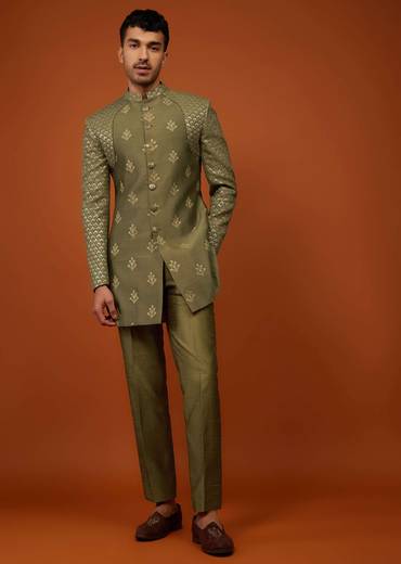 Moss Green Embroidered Indo-Western Sherwani Set In Tussar Silk