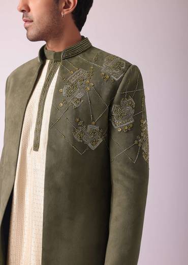 Green Embroidered Indowestern In Velvet