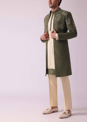 Green Embroidered Indowestern In Velvet