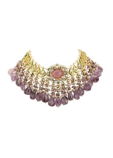 Voilet Toned Gold-Finish Kundan Choker Necklace Set With Colourful Meenakari Work In Mix Metal