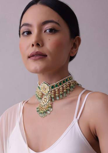 Green Toned Gold-Finish Kundan Choker Necklace Set With Colourful Meenakari Work In Mix Metal