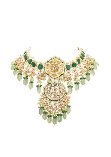 Green Toned Gold-Finish Kundan Choker Necklace Set With Colourful Meenakari Work In Mix Metal