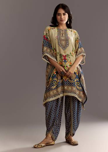 Greenish Beige Printed Kaftaan Kurta With Dhoti