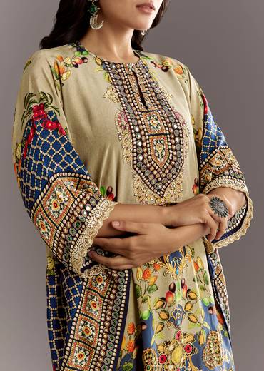 Greenish Beige Printed Kaftaan Kurta With Dhoti
