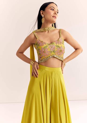 Greenish Yellow Crepe Croptop Dupatta And Palazzo Suit With Resham Zardosi Work