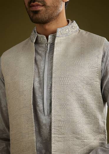 Grey Banarsi Silk Kurta Jacket Set With Hand Work