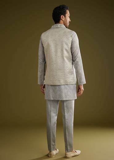 Grey Banarsi Silk Kurta Jacket Set With Hand Work