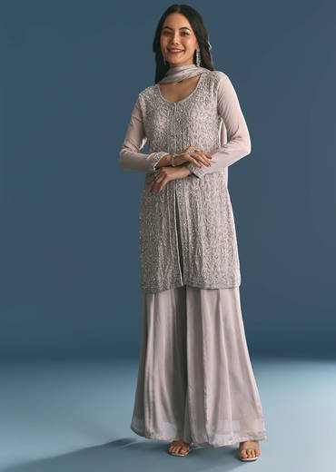 Grey Chinon Cutdana Sequin Embroidered Kurta Palazzo Suit