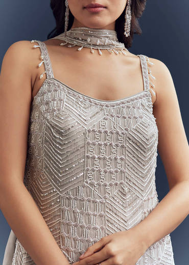 Grey Chinon Palazzo Suit With Cutdana And Moti Work