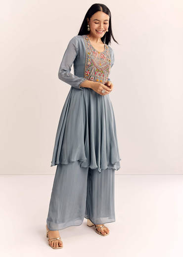 Grey Chinon Zardosi Kurta Palazzo Suit