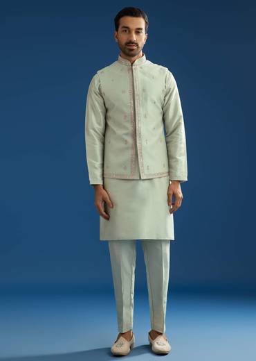 Grey Cotton Silk Kurta Jacket Set With Mirror Embroidery
