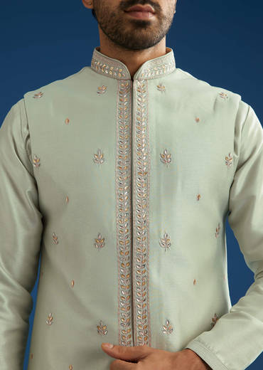 Grey Cotton Silk Kurta Jacket Set With Mirror Embroidery