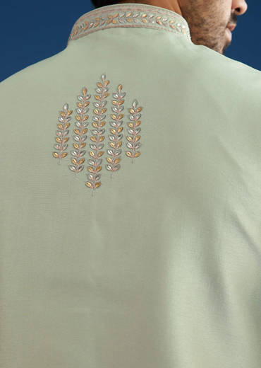 Grey Cotton Silk Kurta Jacket Set With Mirror Embroidery