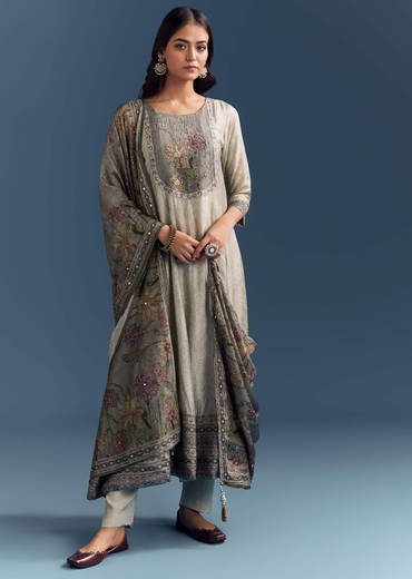 Grey Dola Silk Anarkali Suit With Floral Print And Embroidery