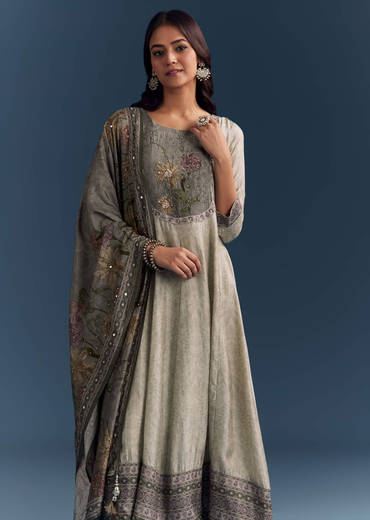 Grey Dola Silk Anarkali Suit With Floral Print And Embroidery