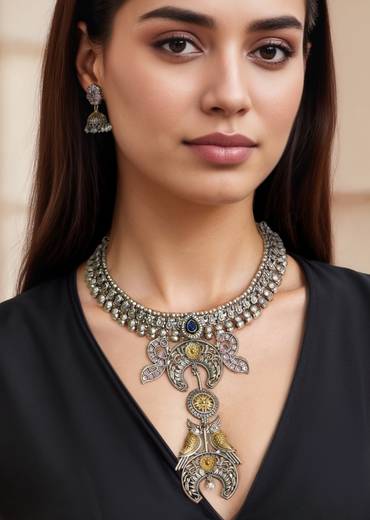 Grey Fusion Pendant Drop Statement Necklace Set