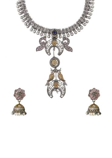 Grey Fusion Pendant Drop Statement Necklace Set