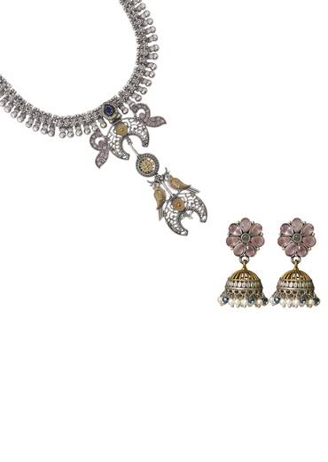 Grey Fusion Pendant Drop Statement Necklace Set