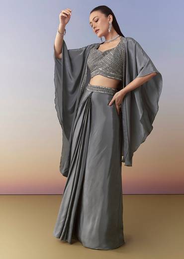 Grey Indo Western Embellished Crop Top Cape Set