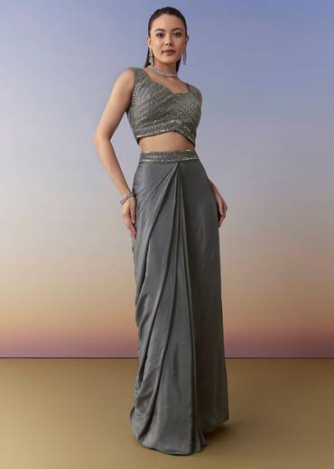 Grey Indo Western Embellished Crop Top Cape Set